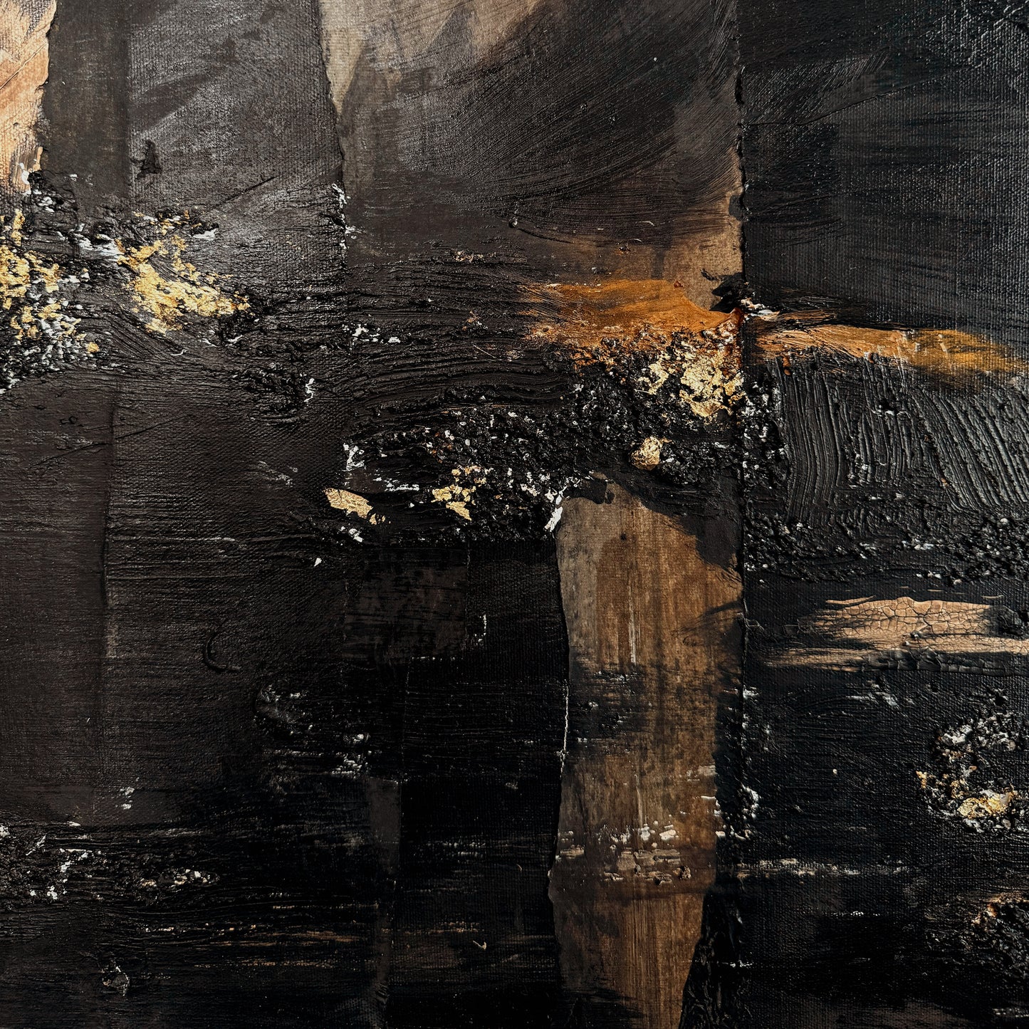 Abstract art with black, brown, and gold colors