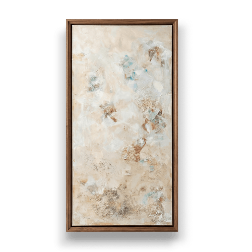 Abstract art piece with earthy tones in a wooden frame on a black background