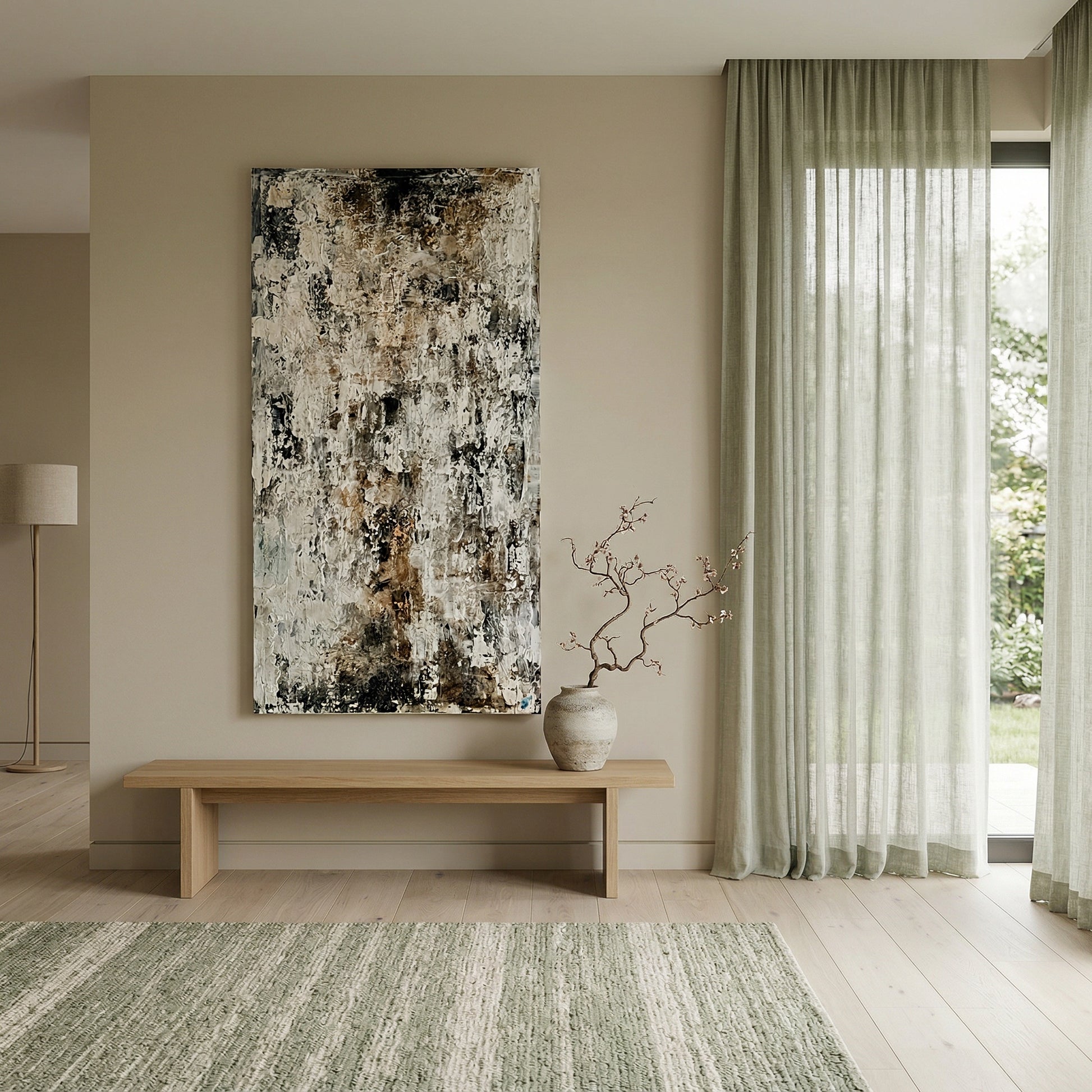Modern interior with abstract art, wooden bench, and large window