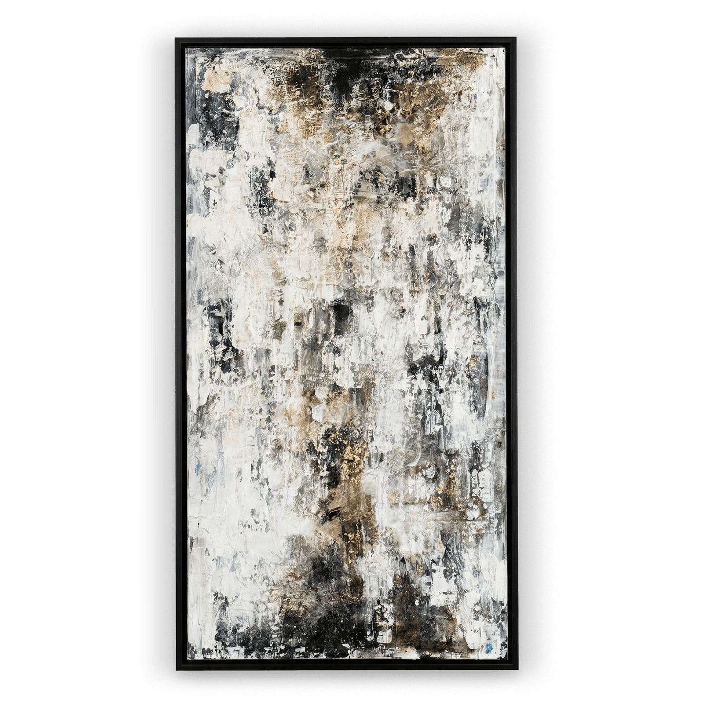 Abstract art painting with black, white, and brown tones on a black background