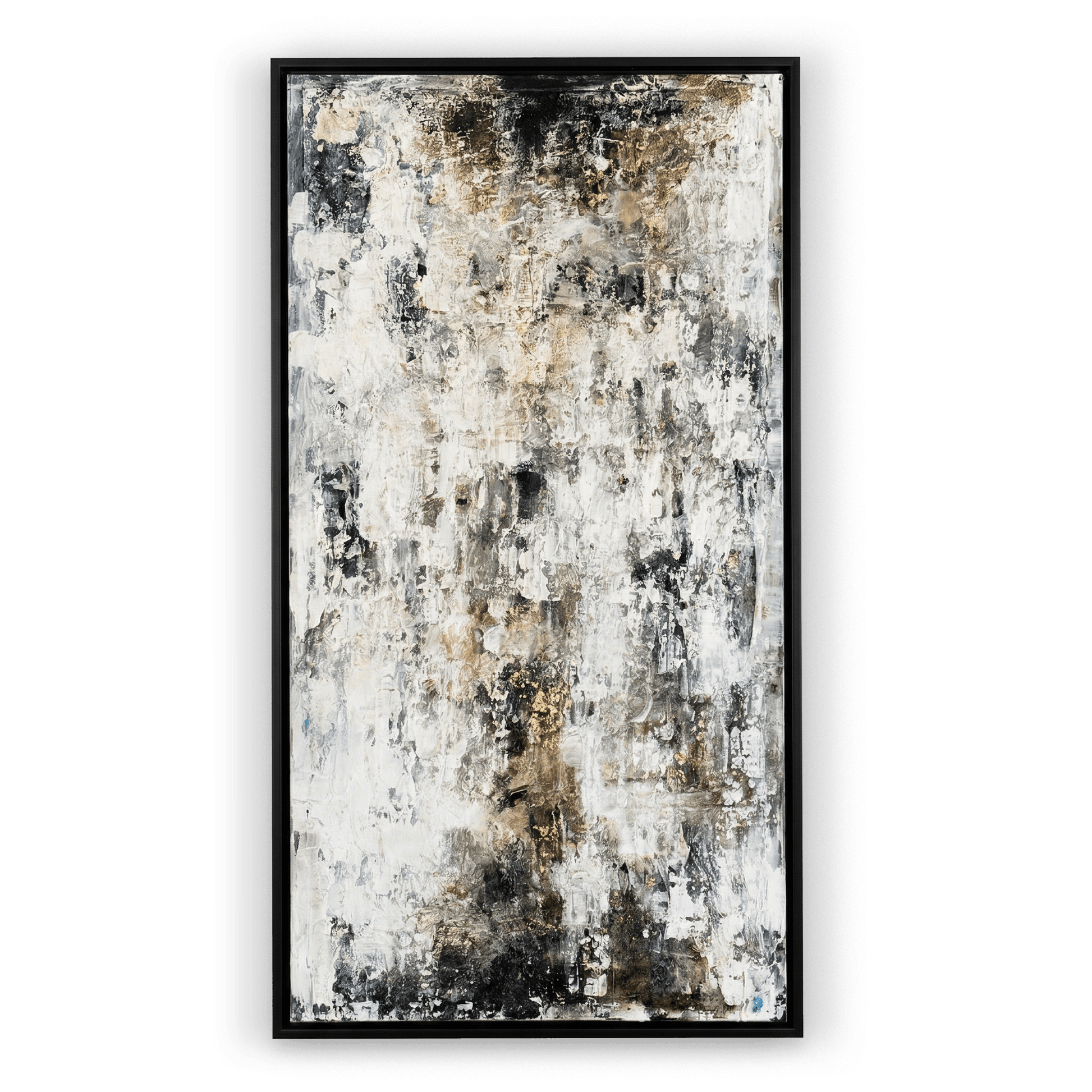Abstract art painting with black, white, and brown tones on a black background