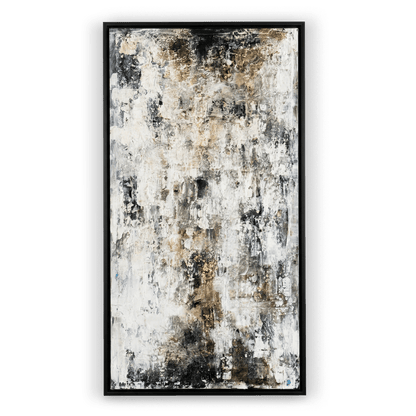 Abstract art painting with black, white, and brown tones on a black background