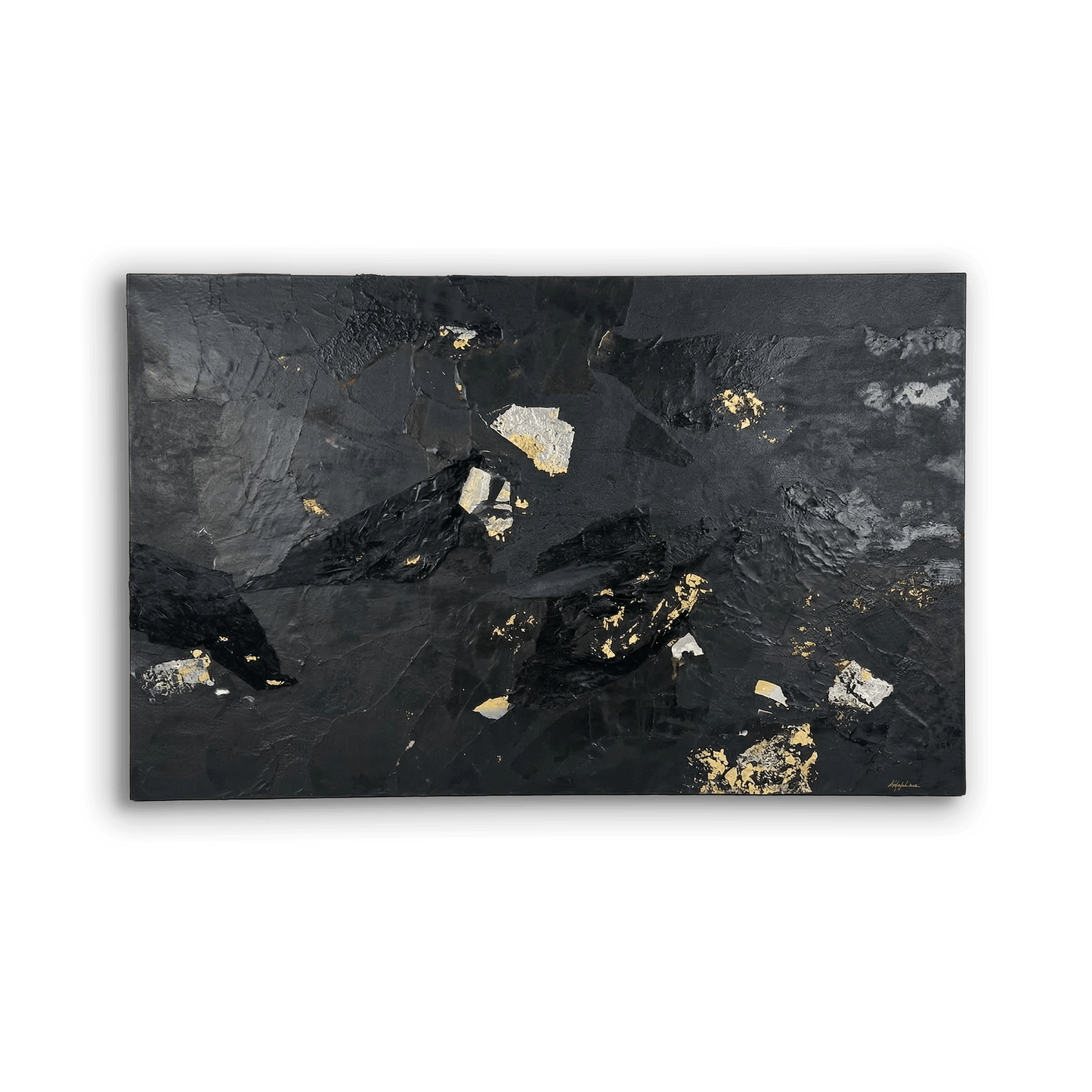 Black stone surface with gold and white mineral deposits
