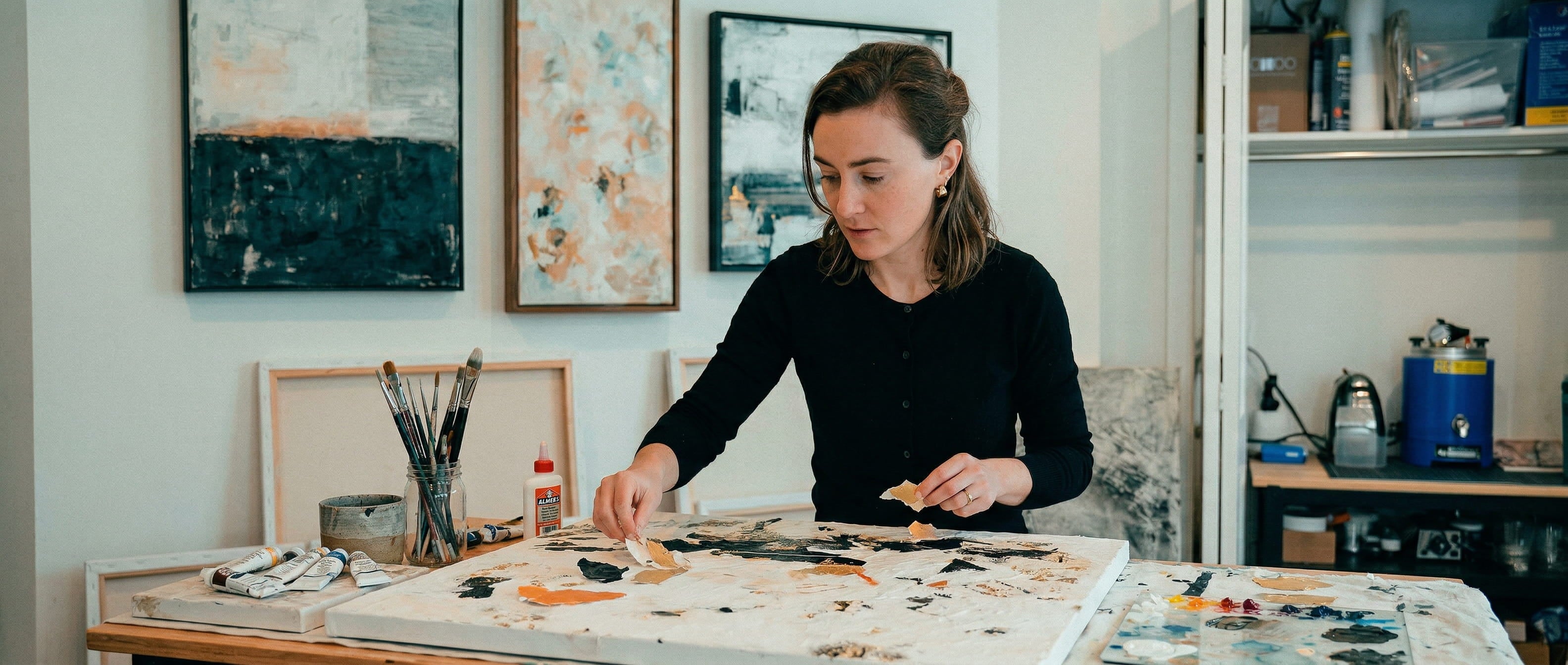 Alex Sandrine working on a creation from pieces of papers