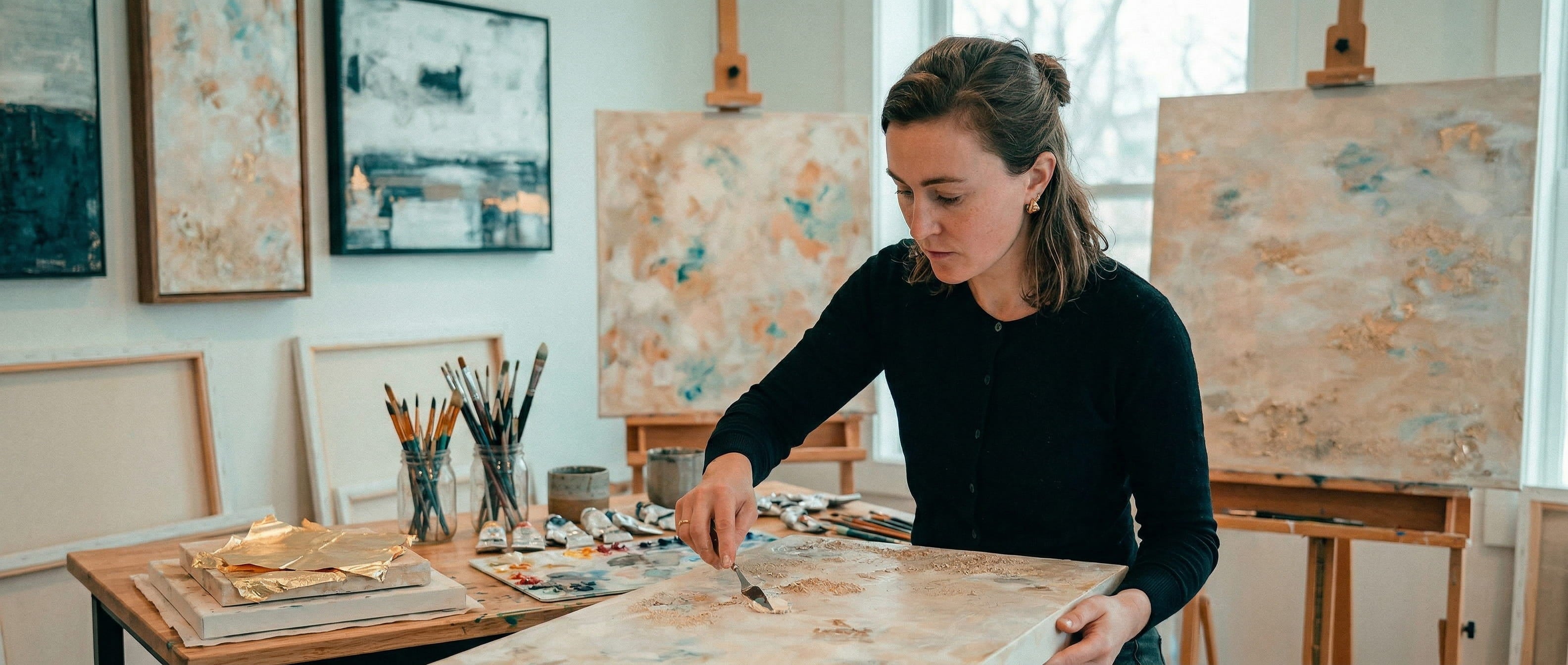 Alex Sandrine Nadeau Working on Her Texture Paintings