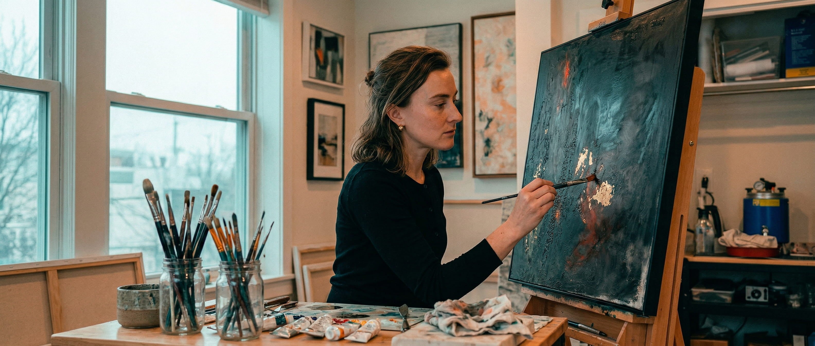 Alex Sandrine Nadeau working on a dark abstract painting