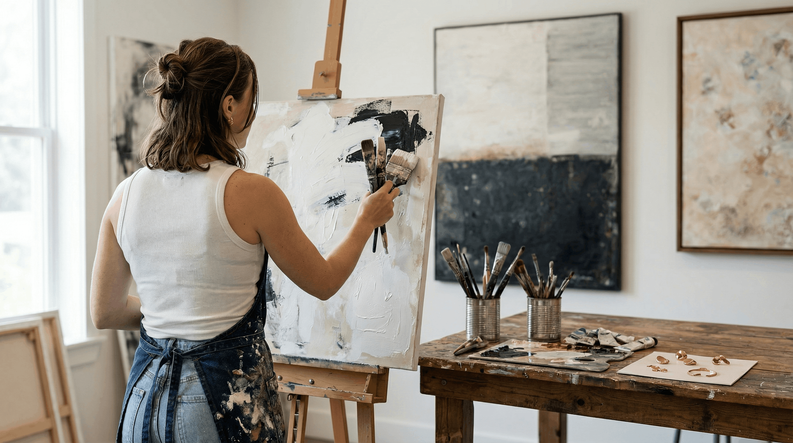 Artist painting on a canvas in a studio with various artworks on the walls.