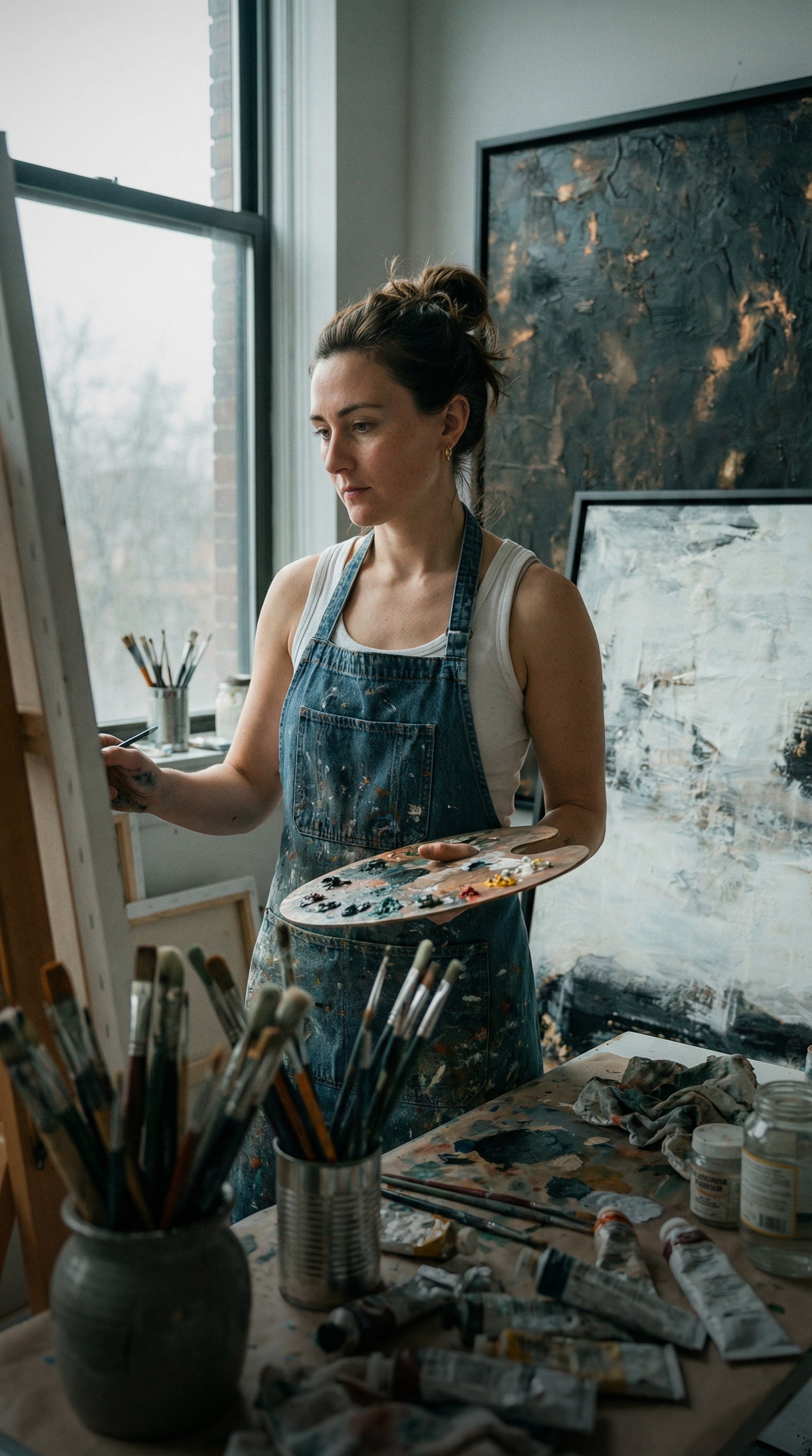 Artist painting artist Ales-Sandrine Nadeau at a desk with art supplies in a studio setting