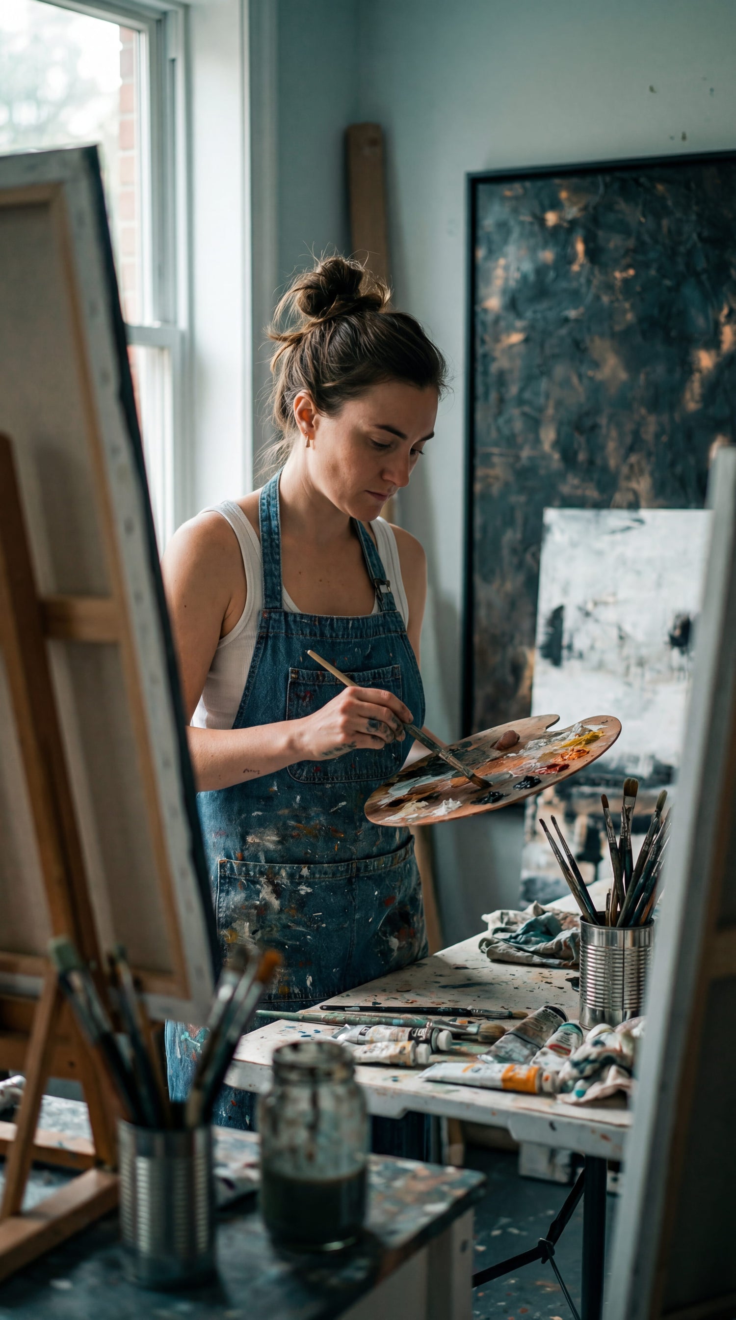 Artist painting in a studio with art supplies and canvases.