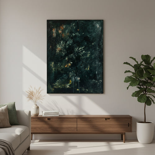 Living room with a wooden TV stand, sofa, and abstract painting on the wall.