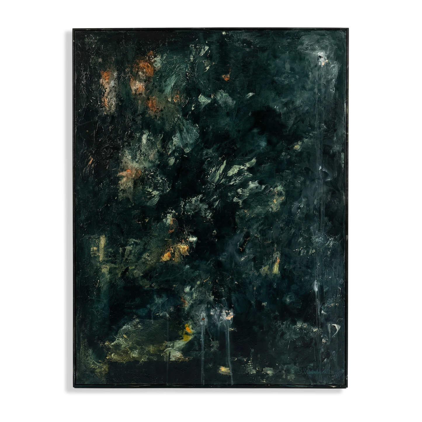 Abstract painting with dark tones and splashes of color on a white background
