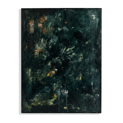 Abstract painting with dark tones and splashes of color on a white background