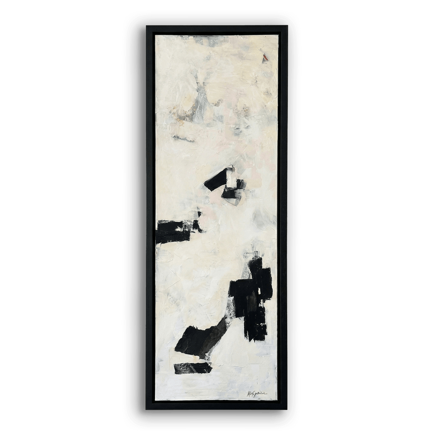 Abstract art piece with black and white brush strokes in a black frame on a white background