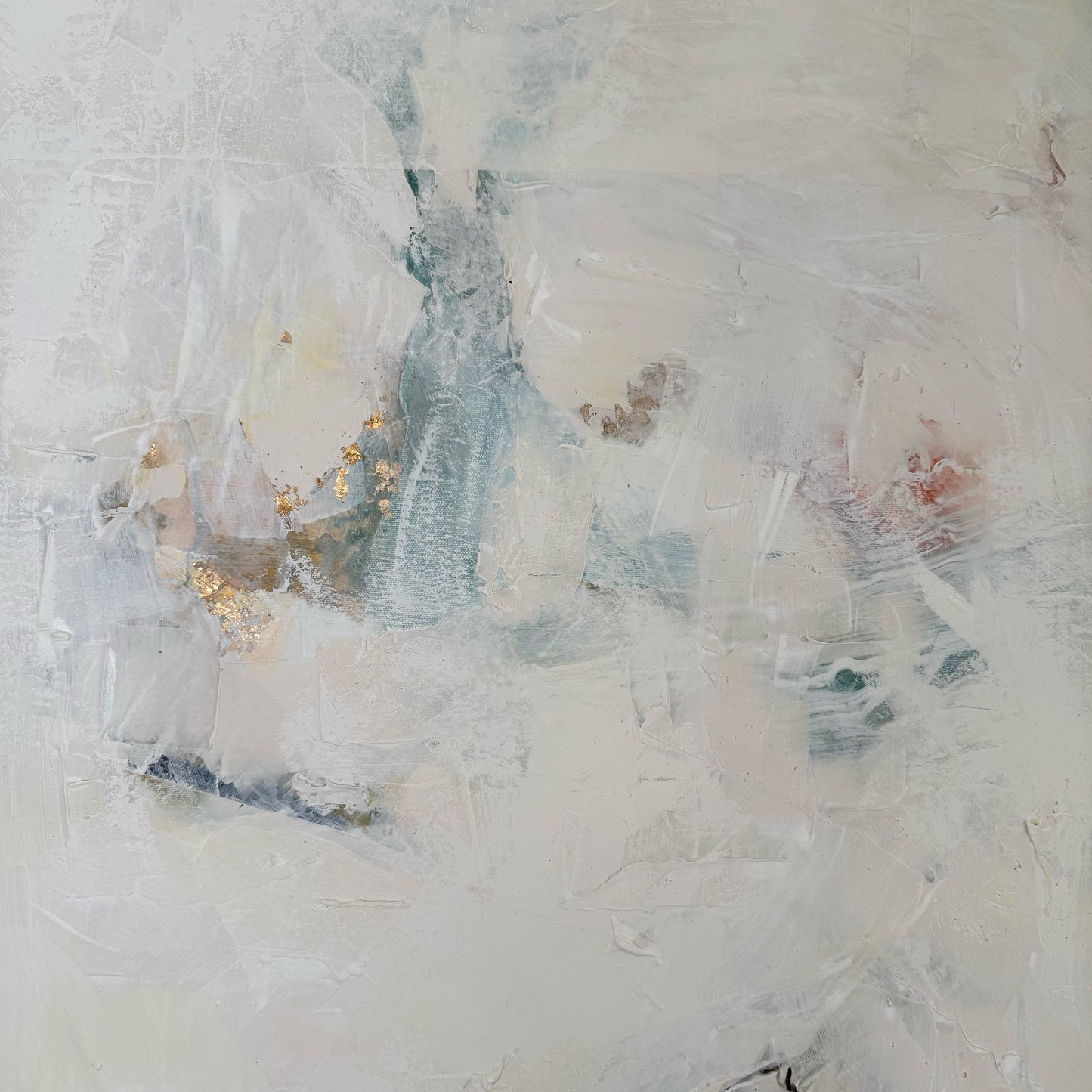 Abstract art with textured brushstrokes in white, gray, and blue tones.
