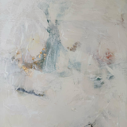 Abstract art with textured brushstrokes in white, gray, and blue tones.