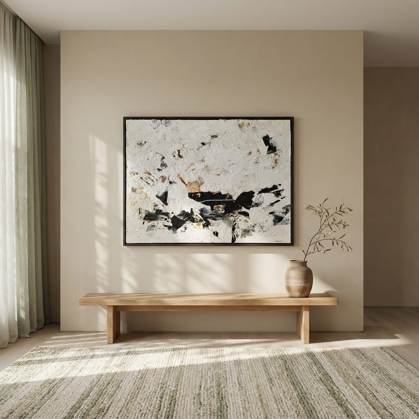 Modern interior with abstract art on the wall, wooden bench, and vase.