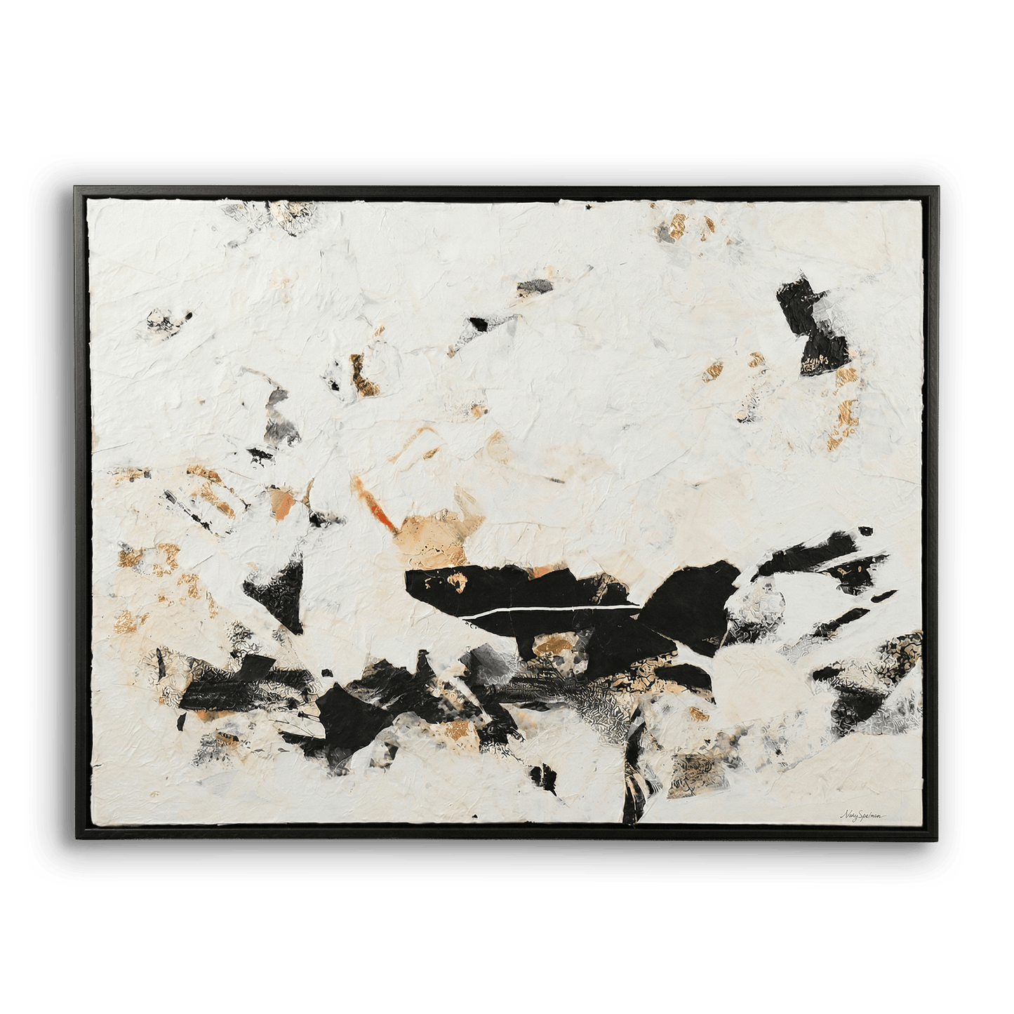Abstract art piece with black, white, and beige colors on a textured white background