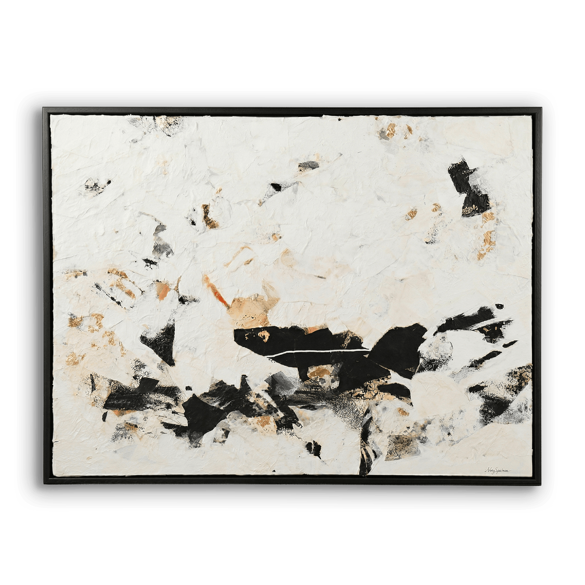 Abstract art piece with black, white, and beige colors on a textured white background
