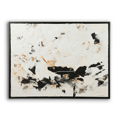 Abstract art piece with black, white, and beige colors on a textured white background