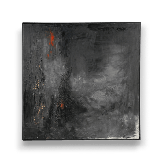 Abstract art piece with black, gray, and red colors on a dark background