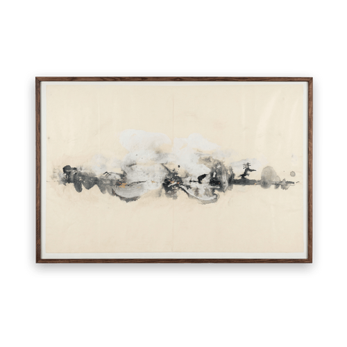 Framed abstract artwork with black and white brush strokes on a beige background