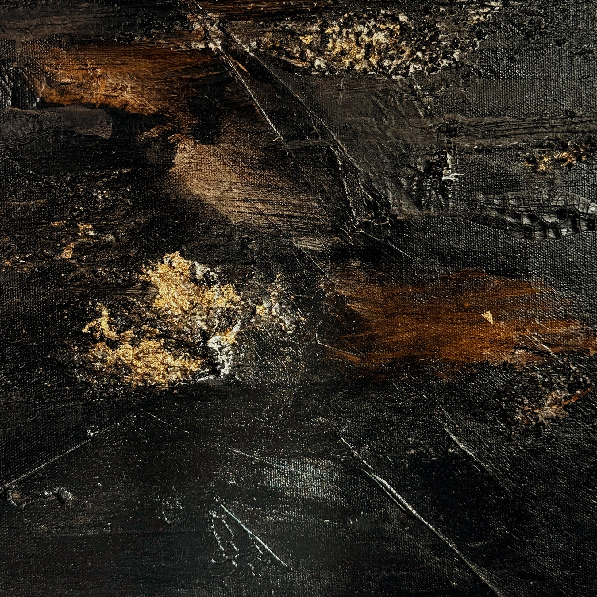 Close-up of a textured painting with dark and brown tones