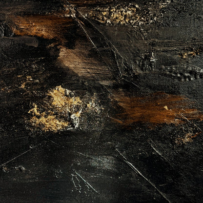Close-up of a textured painting with dark and brown tones