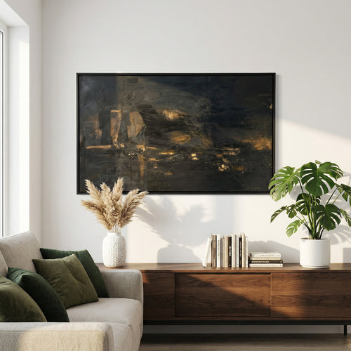 Living room with a painting on the wall, sofa, and decorative items.