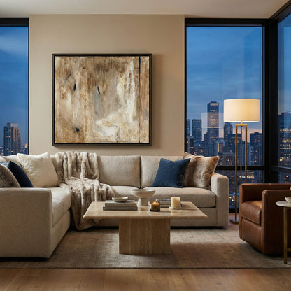 Modern living room with a city skyline view