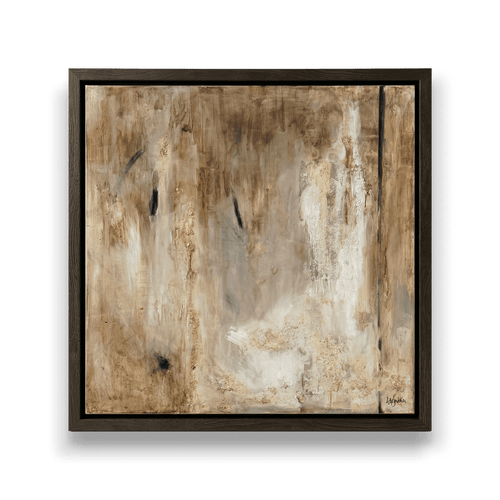 Abstract art piece with earthy tones and a dark frame on a black background
