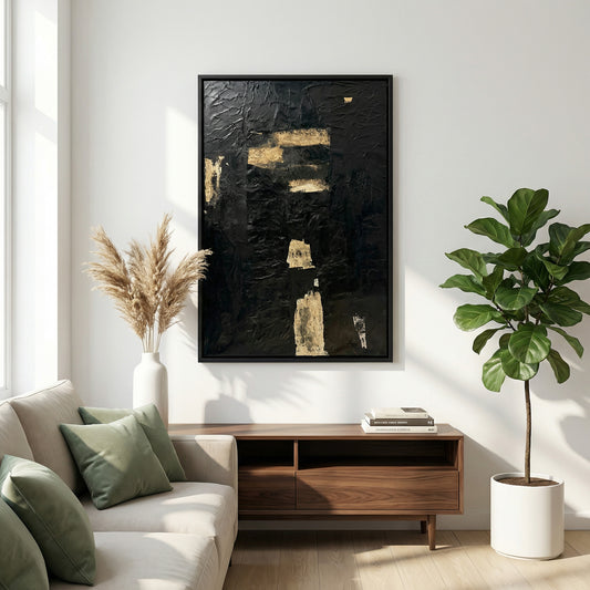 Living room with a sofa, TV stand, and abstract art on the wall.