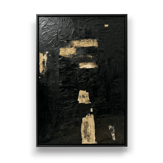 Abstract art piece with gold and black elements on a textured background
