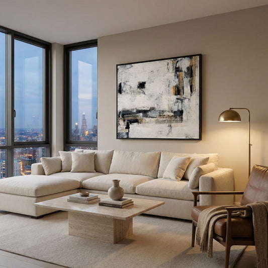 Modern living room with a sectional sofa, coffee table, and abstract art on the wall.