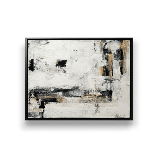 Abstract art painting with black, white, and gold tones on a black background